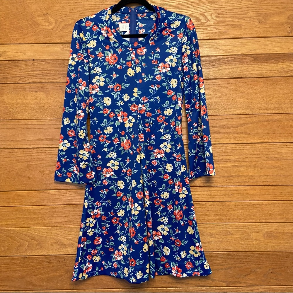 Vintage 70s Sears blue floral polyester bell sleeve dress